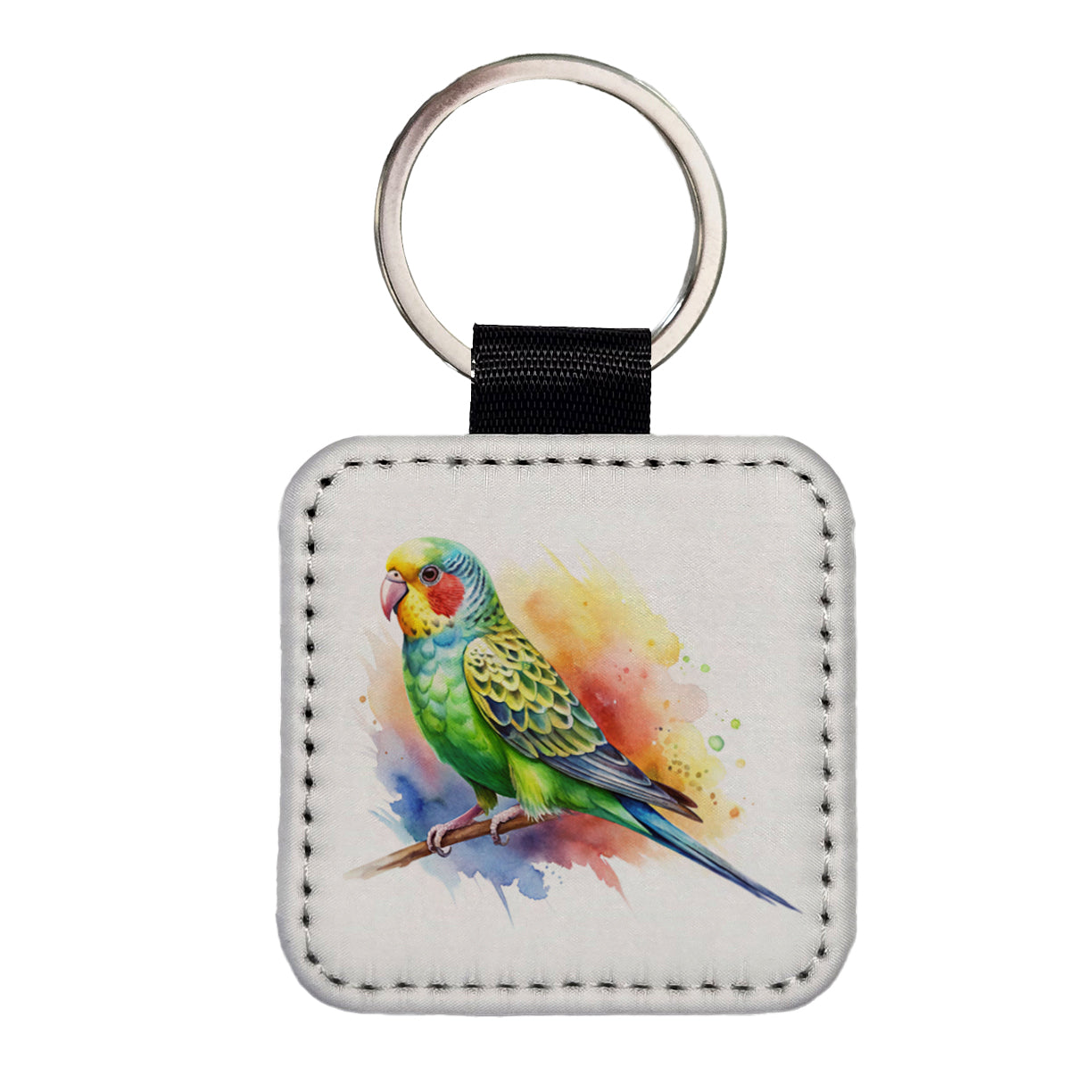 Parakeet Watercolor Square Faux Leather Keychain