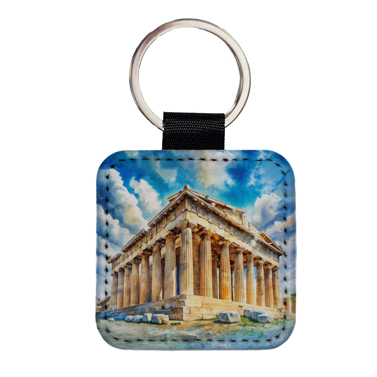 Parthenon Temple Athens Greece Greek Watercolor Square Faux Leather Keychain