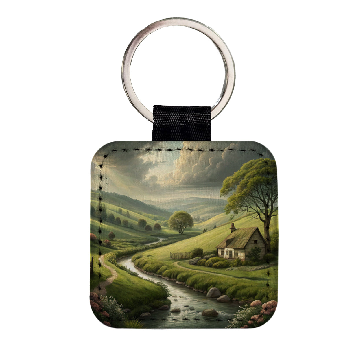 Pastoral Country Landscape Square Faux Leather Keychain