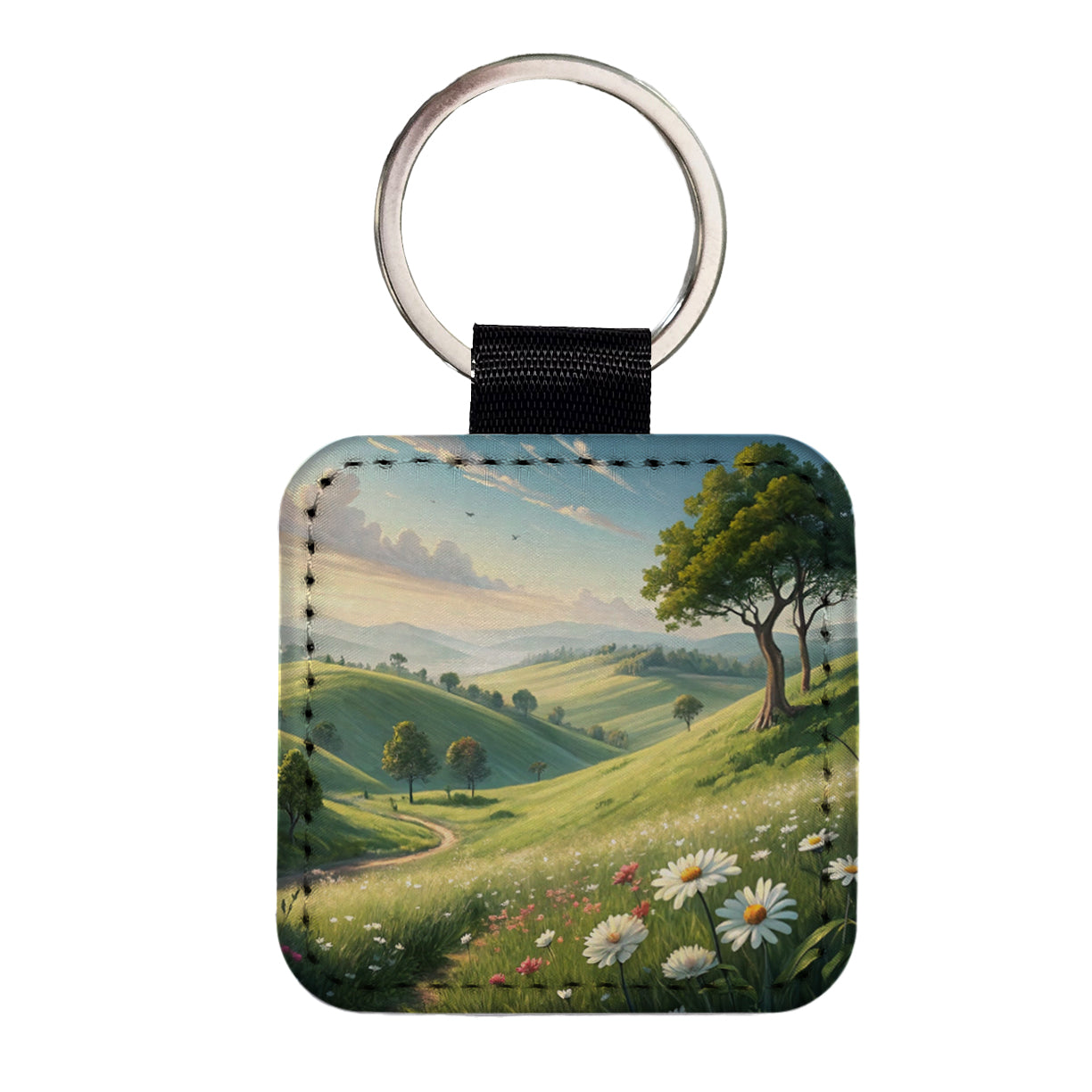 Pastoral Pretty Hillside Landscape Square Faux Leather Keychain