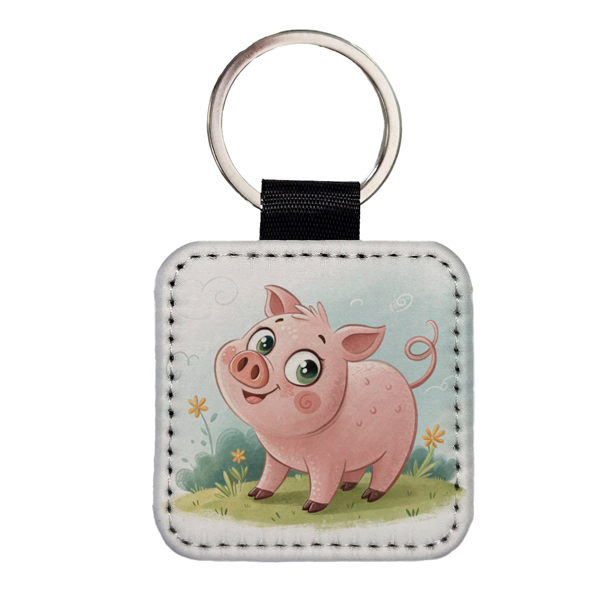 Pig Children's Illustration Style Square Faux Leather Keychain