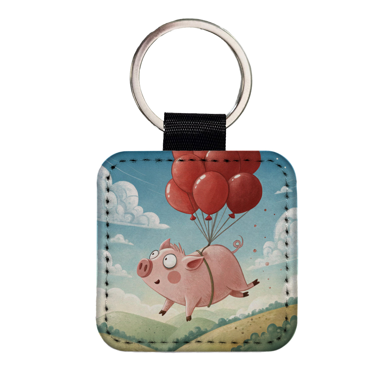Pig Floating Through Sky Hanging From Red Balloons Square Faux Leather Keychain