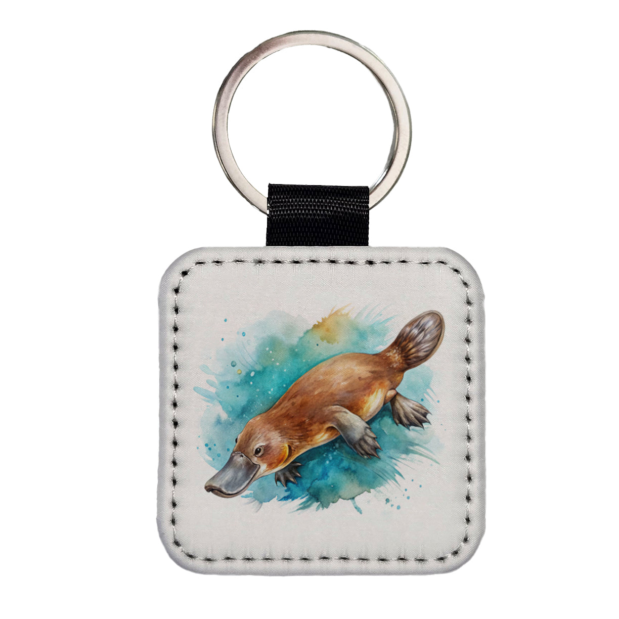 Platypus Swimming Watercolor Square Faux Leather Keychain