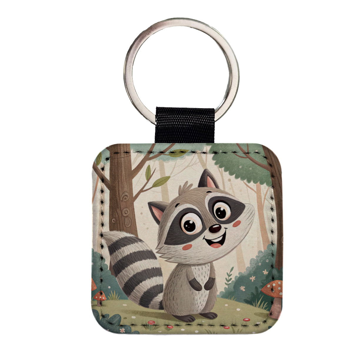 Raccoon Children's Illustration Style Square Faux Leather Keychain