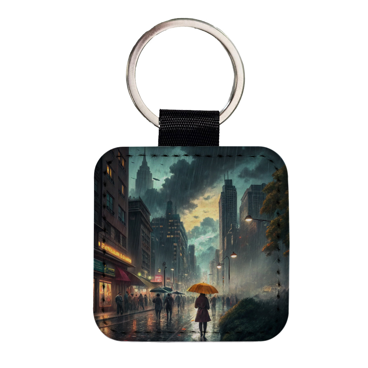 Rain Storm In The City at Night Square Faux Leather Keychain