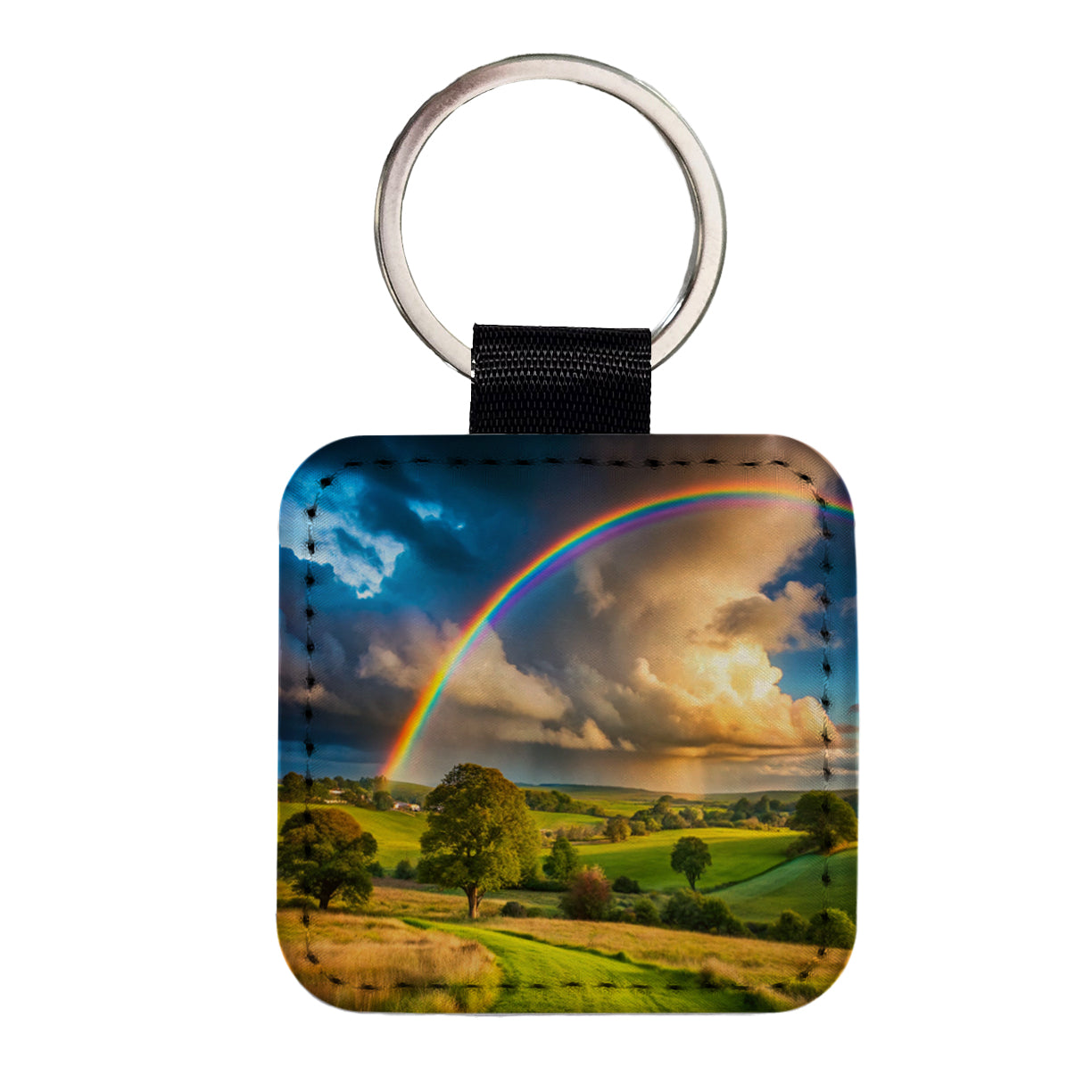 Rainbow After Rain Storm In The Country Square Faux Leather Keychain