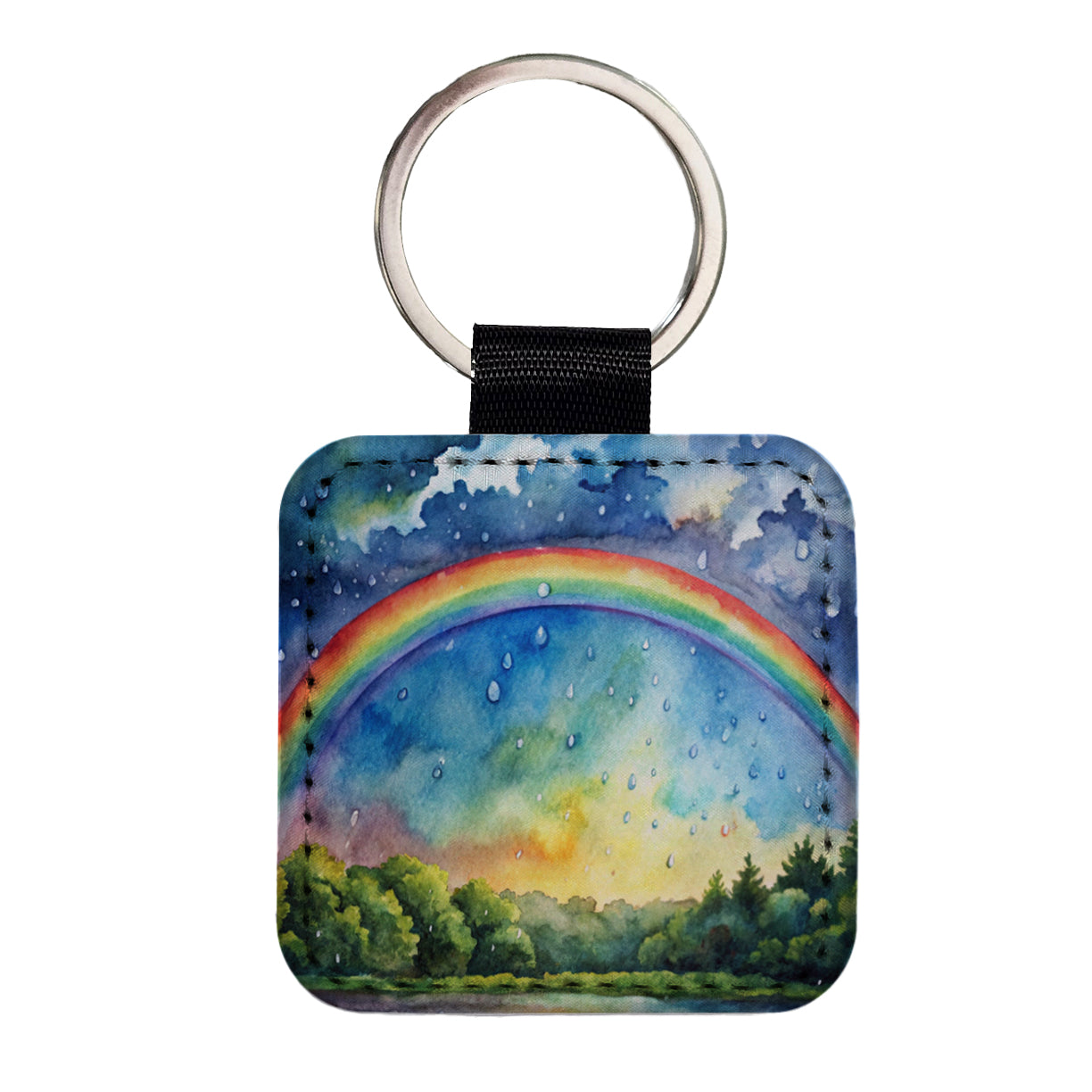Rainbow After Rain Storm Watercolor Square Faux Leather Keychain