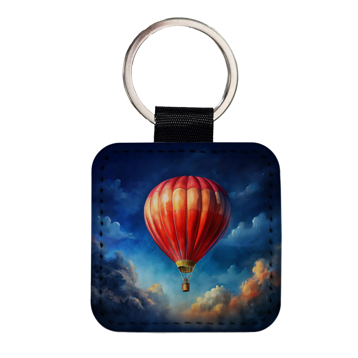 Red Hot Air Balloon in the Blue Sky Square Faux Leather Keychain