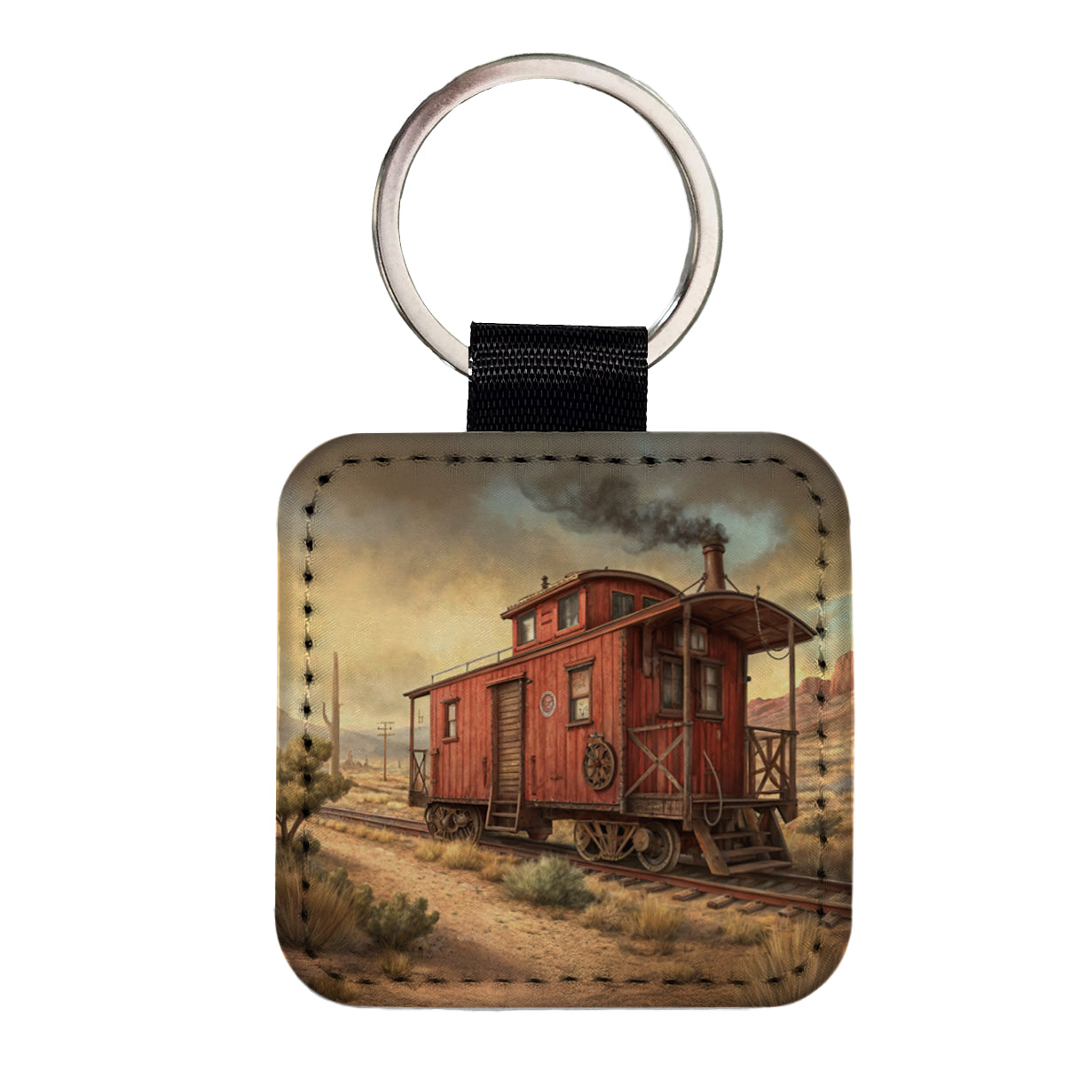 Red Train Caboose Old West Western Square Faux Leather Keychain