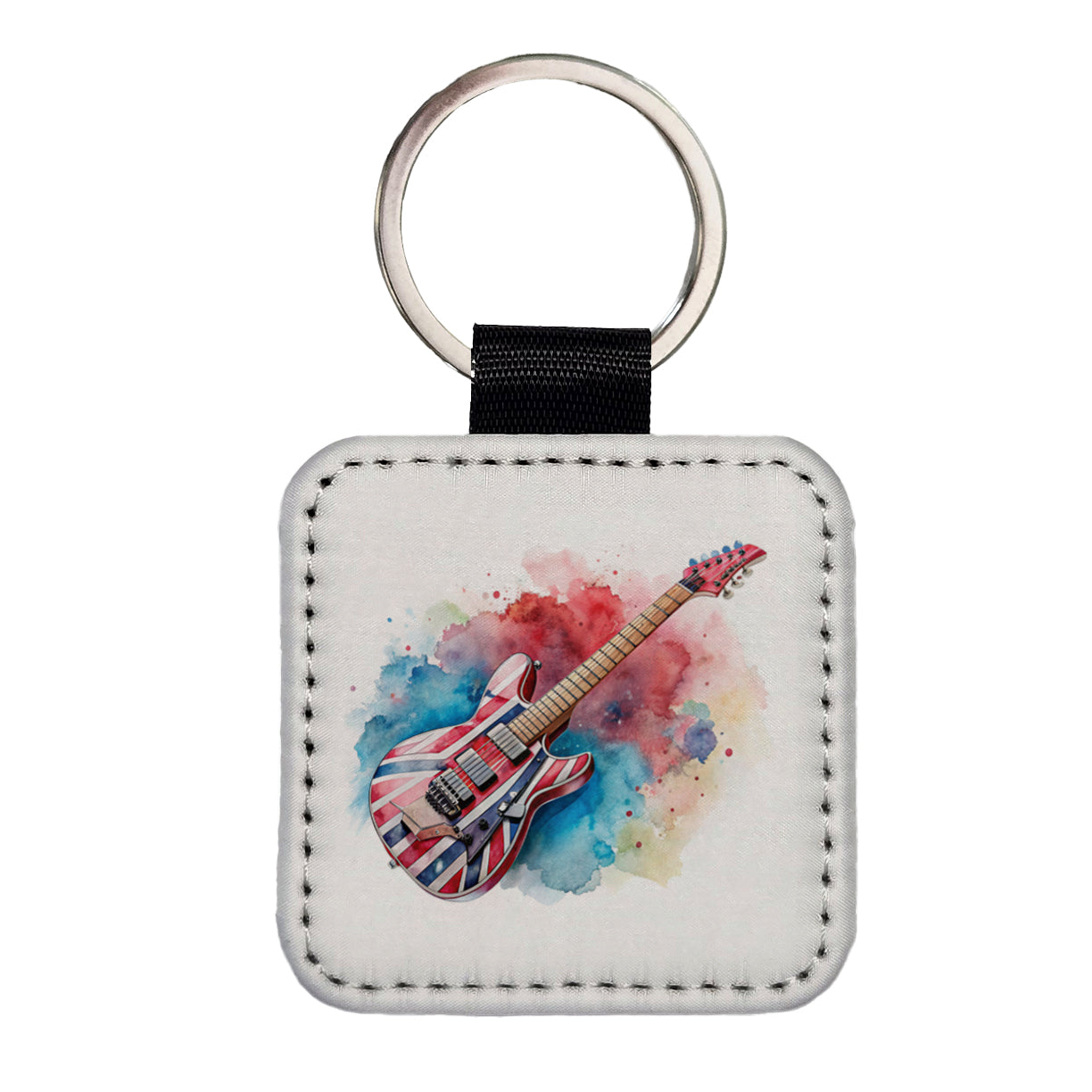 Red White Blue Rock and Roll Guitar Watercolor Square Faux Leather Keychain
