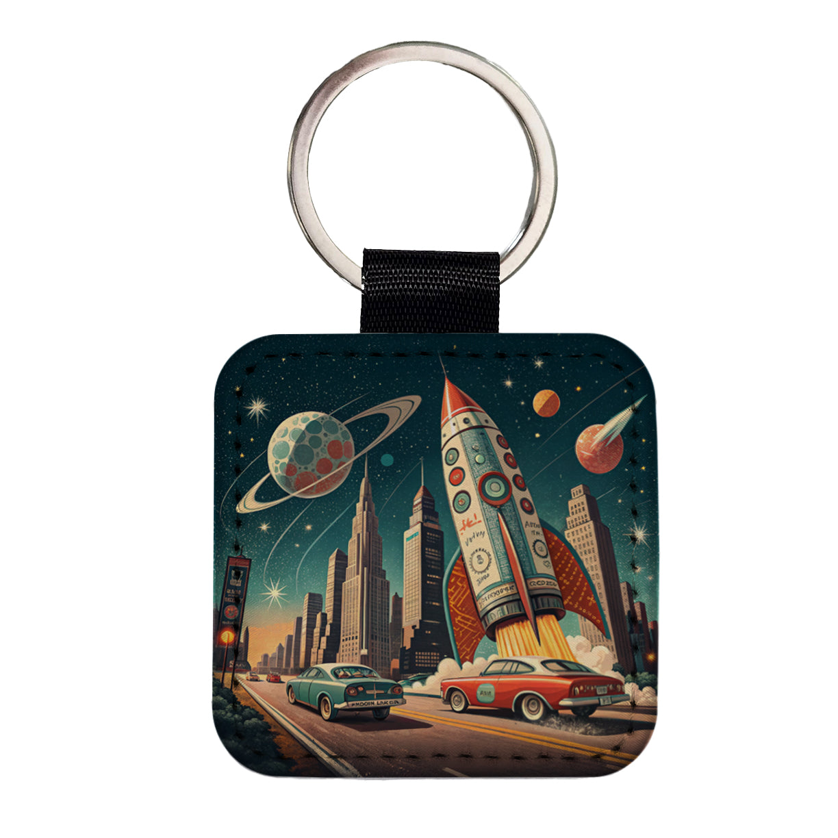 Retro Sci-fi 60's Poster Art Rocket Square Faux Leather Keychain