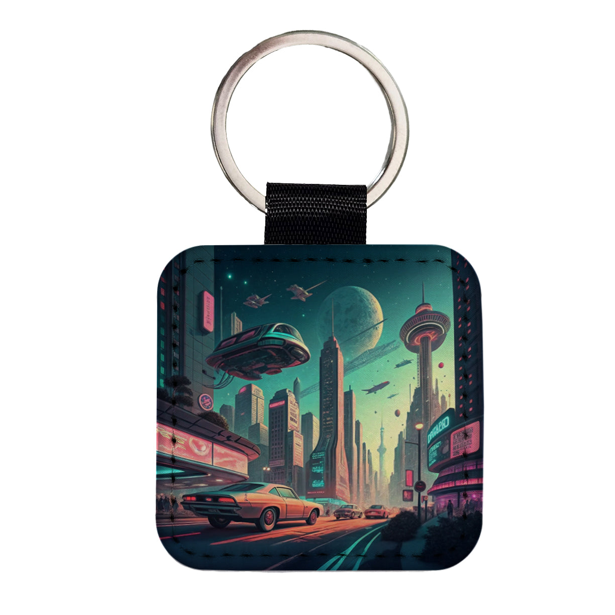 Retro Sci-fi Poster Art Futuristic City Scene Square Faux Leather Keychain