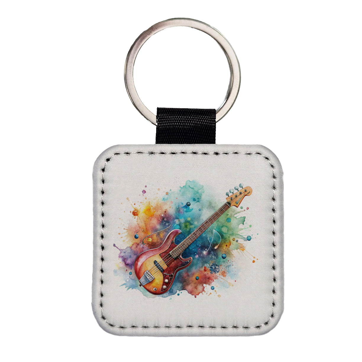 Rock And Roll Guitar Watercolor Square Faux Leather Keychain