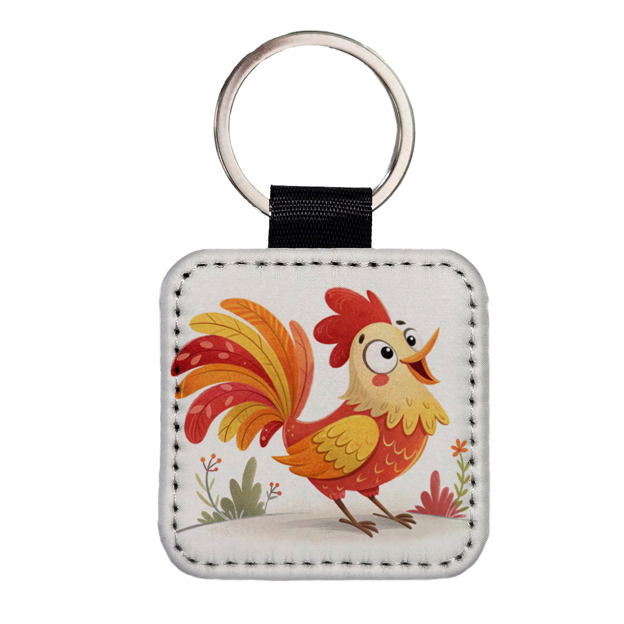 Rooster Children's Illustration Style Square Faux Leather Keychain