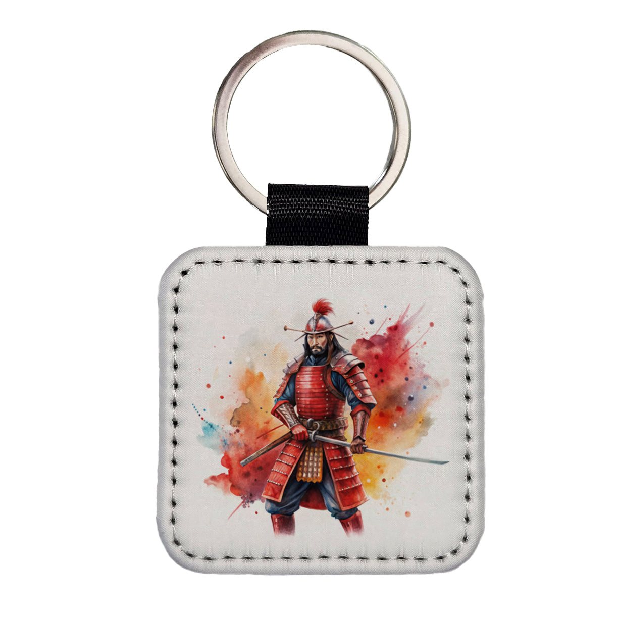 Samurai With Katana And Red Armor Watercolor Square Faux Leather Keychain