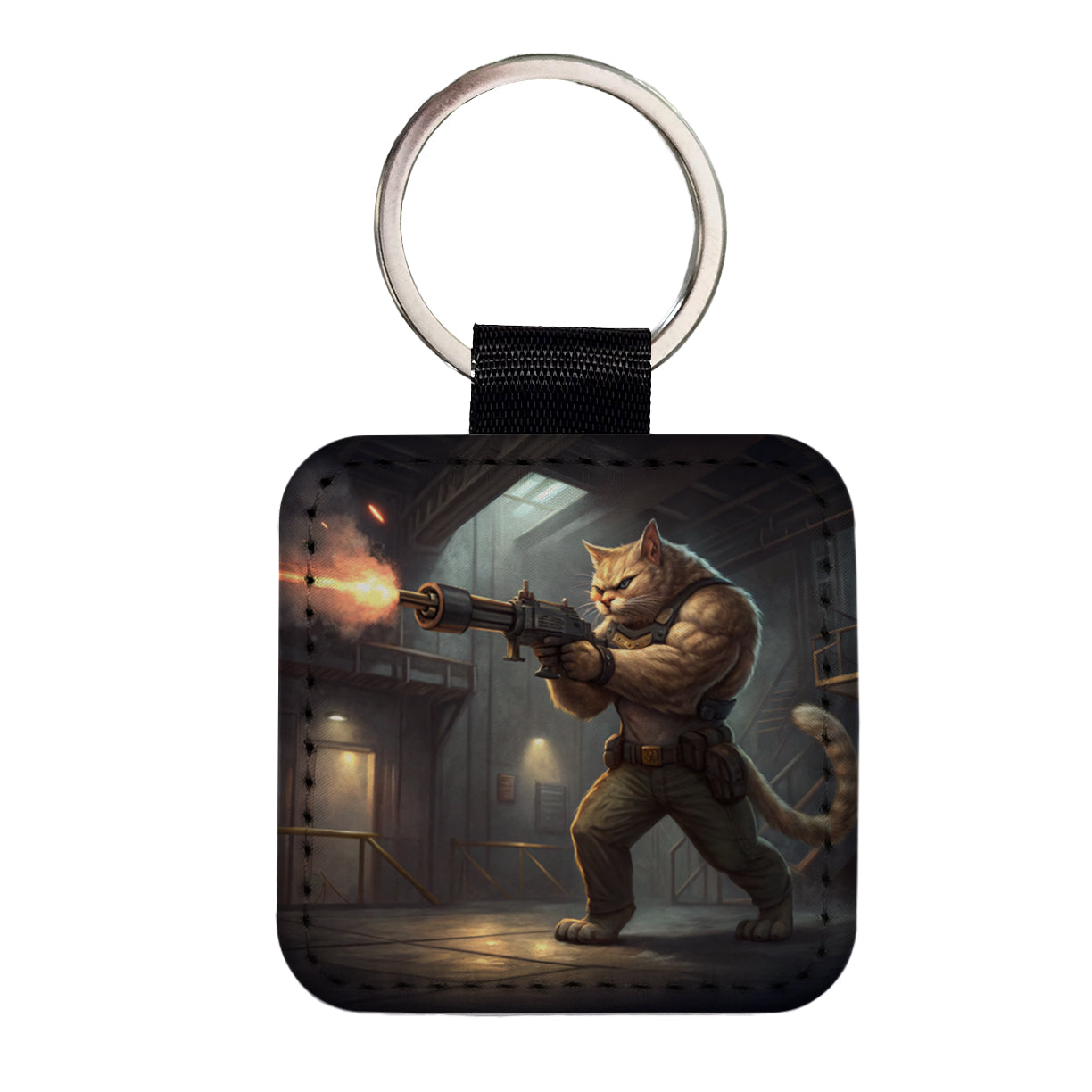 Sci-fi Action Hero Cat Shooting A Machine Gun Square Faux Leather Keychain