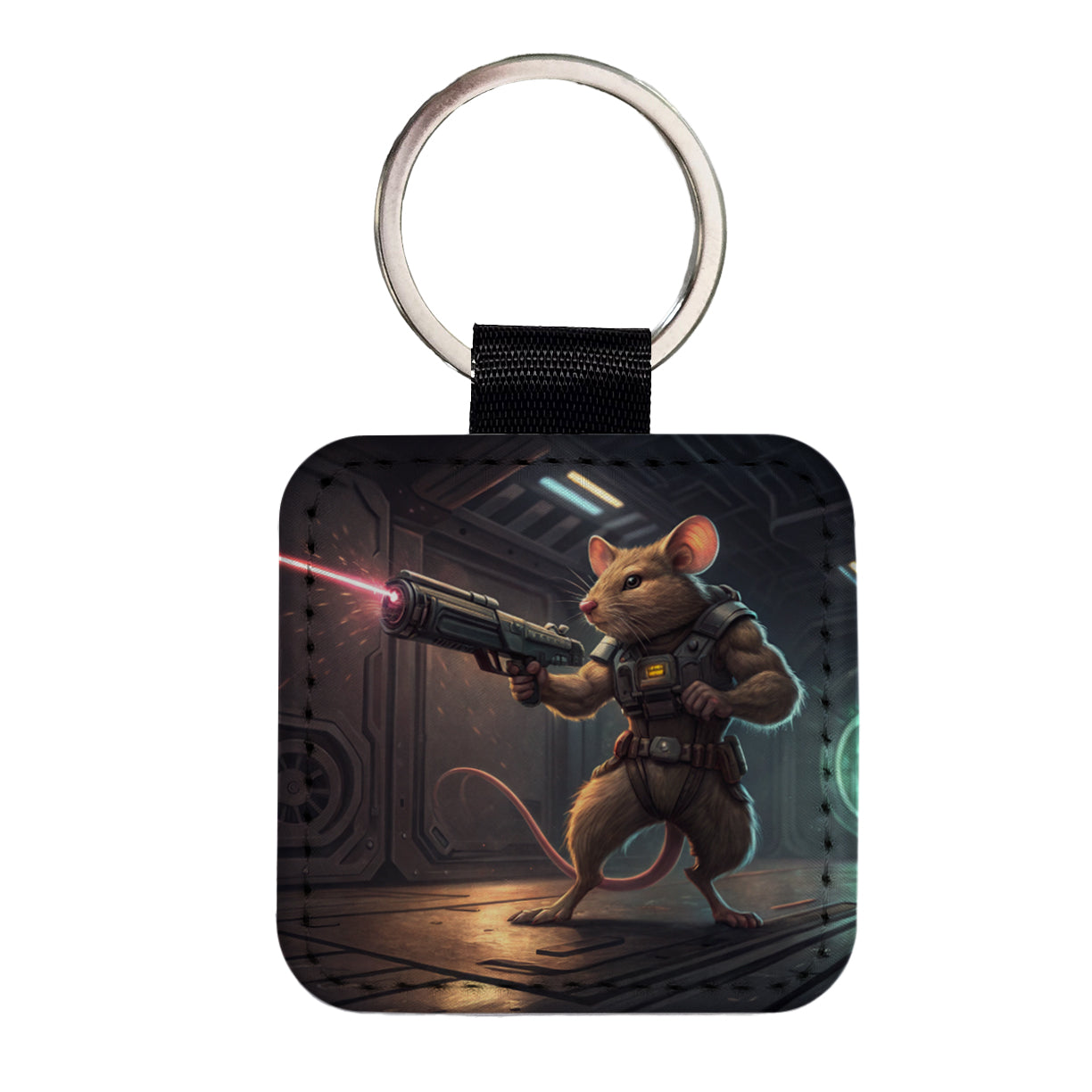 Sci-fi Action Hero Mouse With Laser Gun Square Faux Leather Keychain