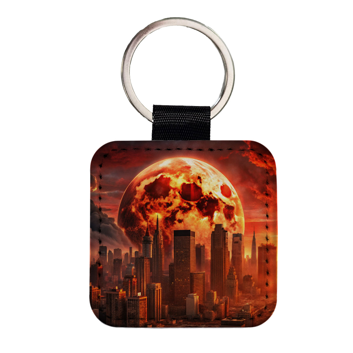 Sci-fi Apocalypse Cityscape Under A Red Full Moon Square Faux Leather Keychain