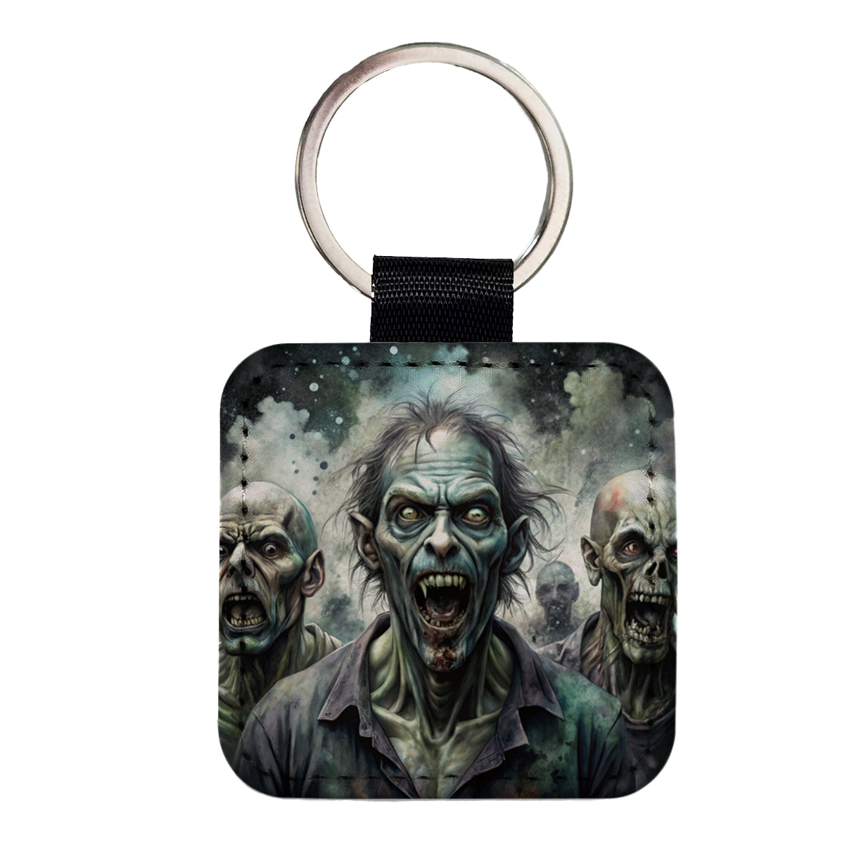 Shambling Zombies Monsters Black Watercolor Square Faux Leather Keychain