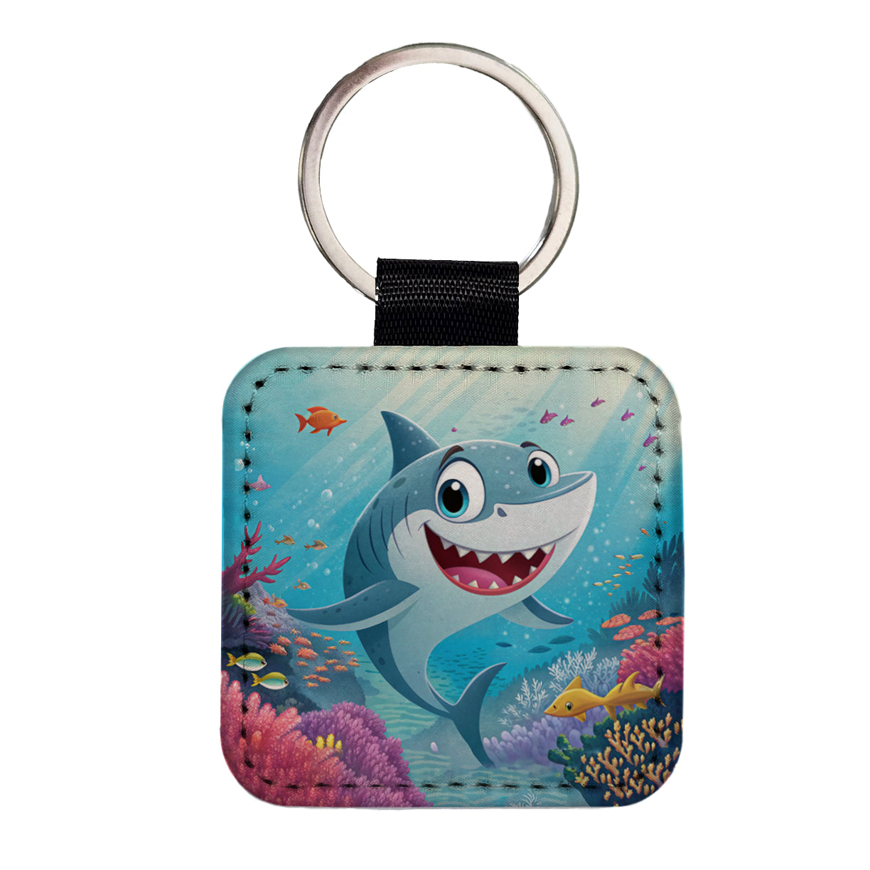 Shark Children's Illustration Style Square Faux Leather Keychain
