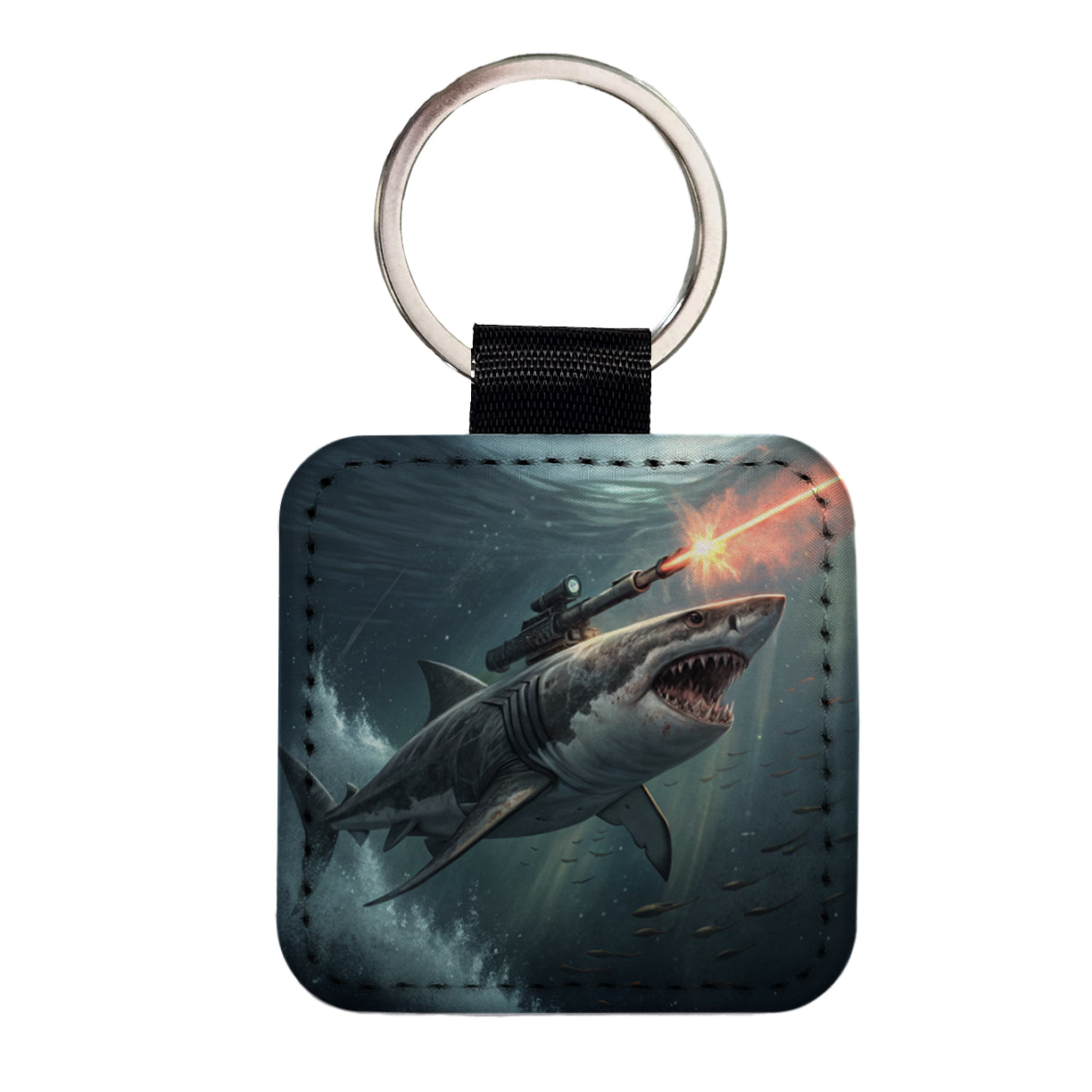Shark With Laser Gun Mounted On Its Back Square Faux Leather Keychain
