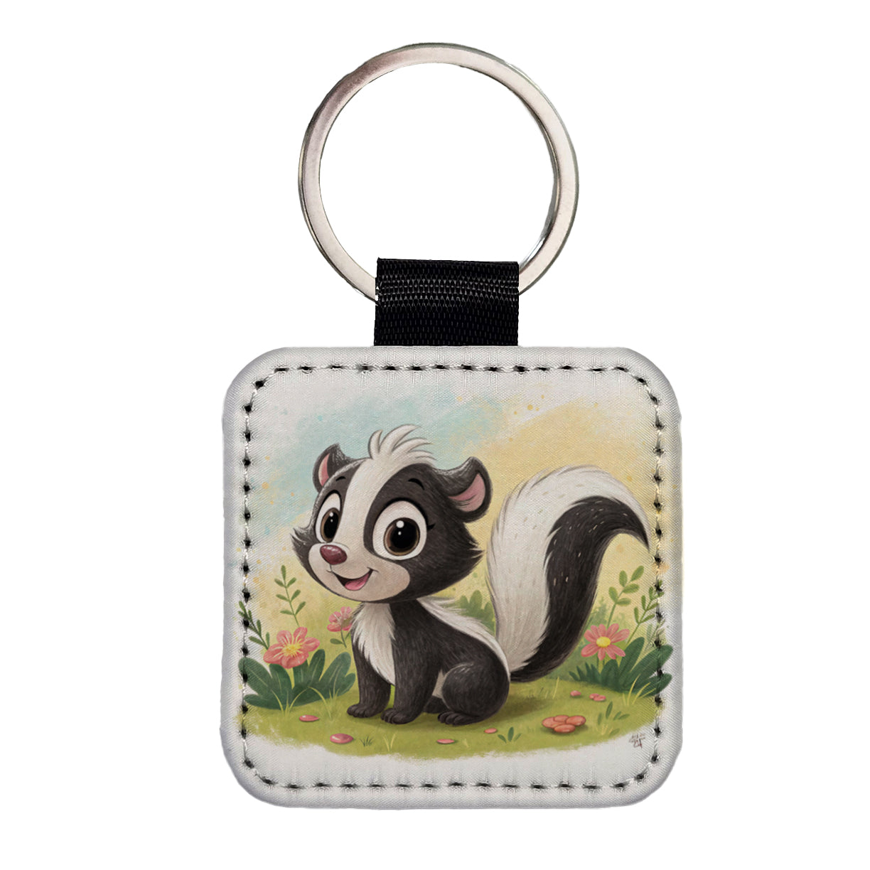 Skunk Children's Illustration Style Square Faux Leather Keychain
