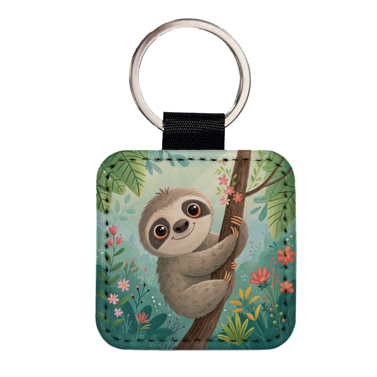 Sloth Children's Illustration Style Square Faux Leather Keychain