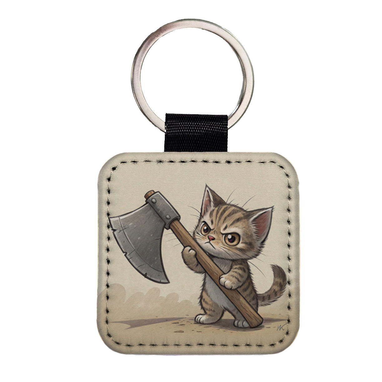 Small Cat Kitten Wielding a Large Axe Funny Fantasy Square Faux Leather Keychain
