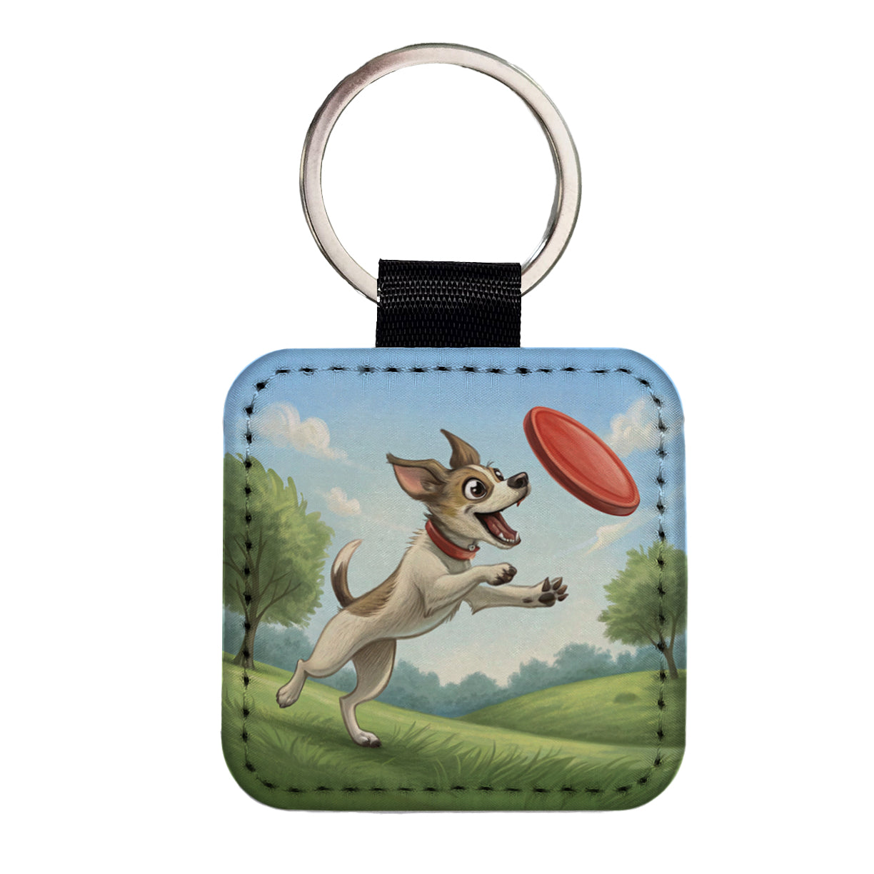 Small Dog Catching a Flying Disc Square Faux Leather Keychain