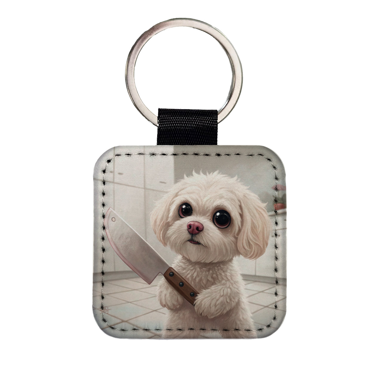 Small Fluffy Dog with a Butcher Knife Funny Scary Halloween Square Faux Leather Keychain