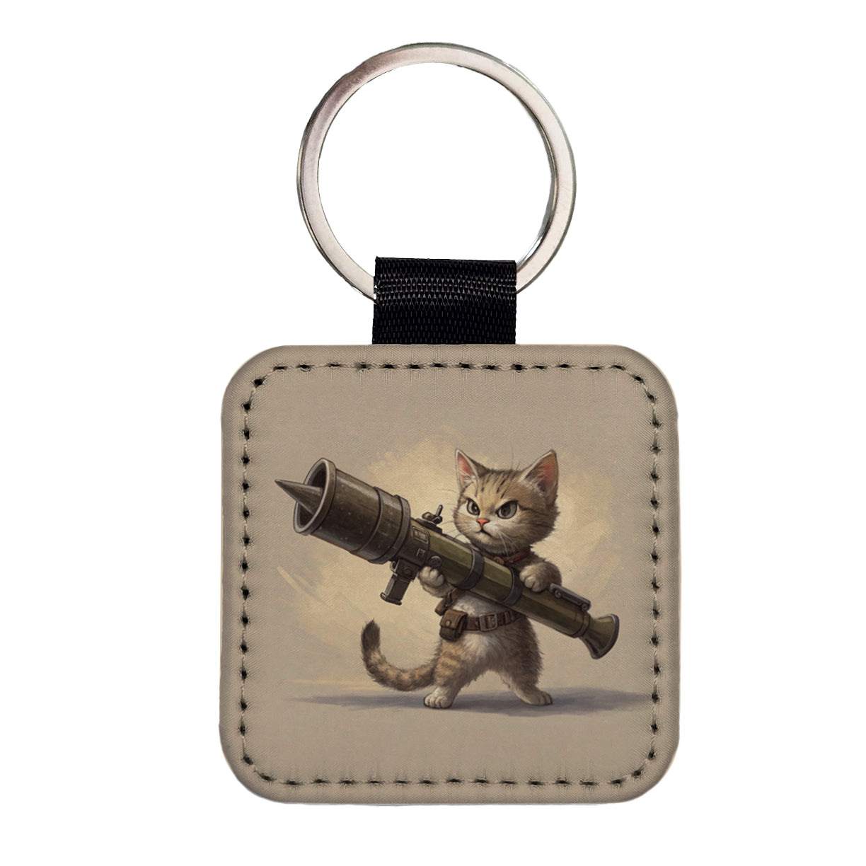 Small Fuzzy Cat Kitten with a Rocket Launcher Funny Square Faux Leather Keychain