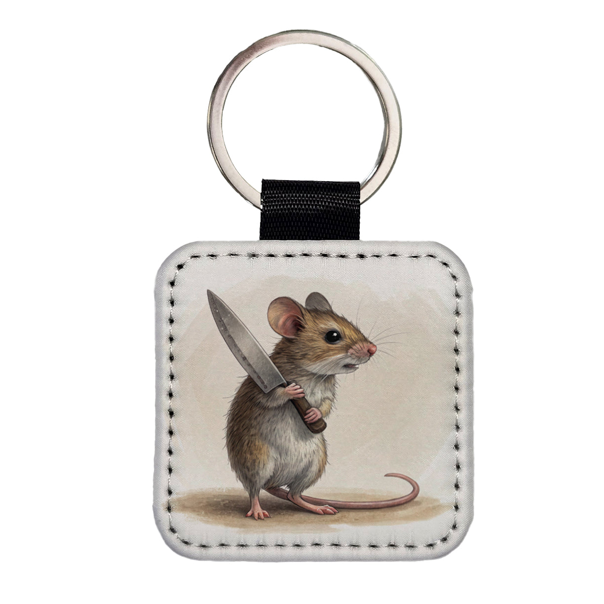 Small Mouse Holding A Butcher Knife Funny Scary Halloween Square Faux Leather Keychain