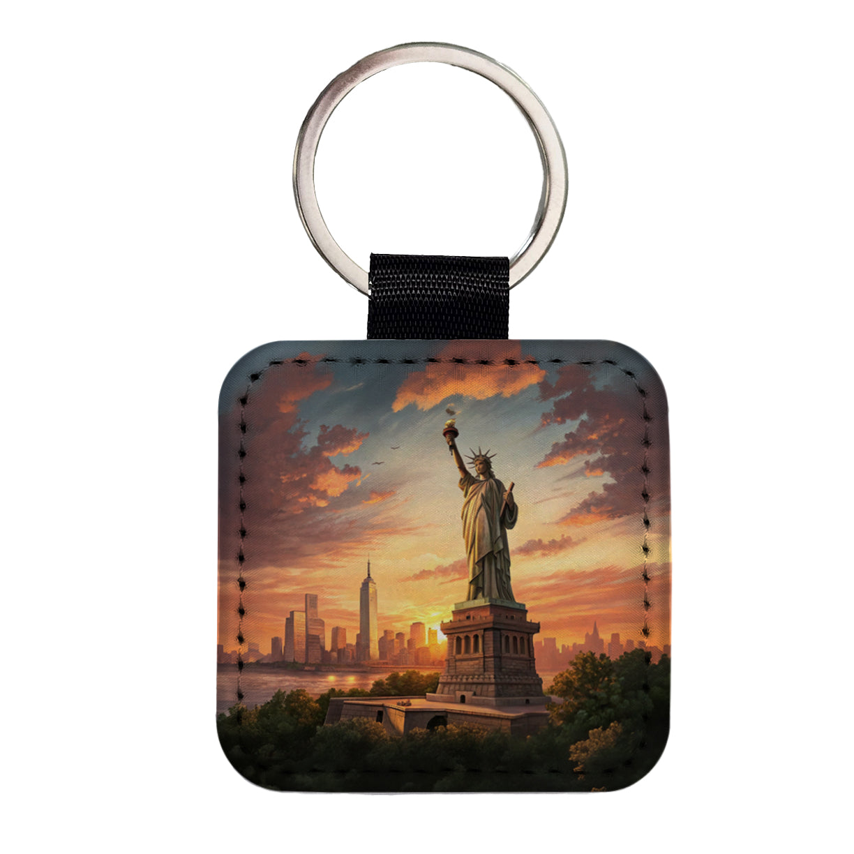 Statue Of Liberty During Sunset New York City Square Faux Leather Keychain