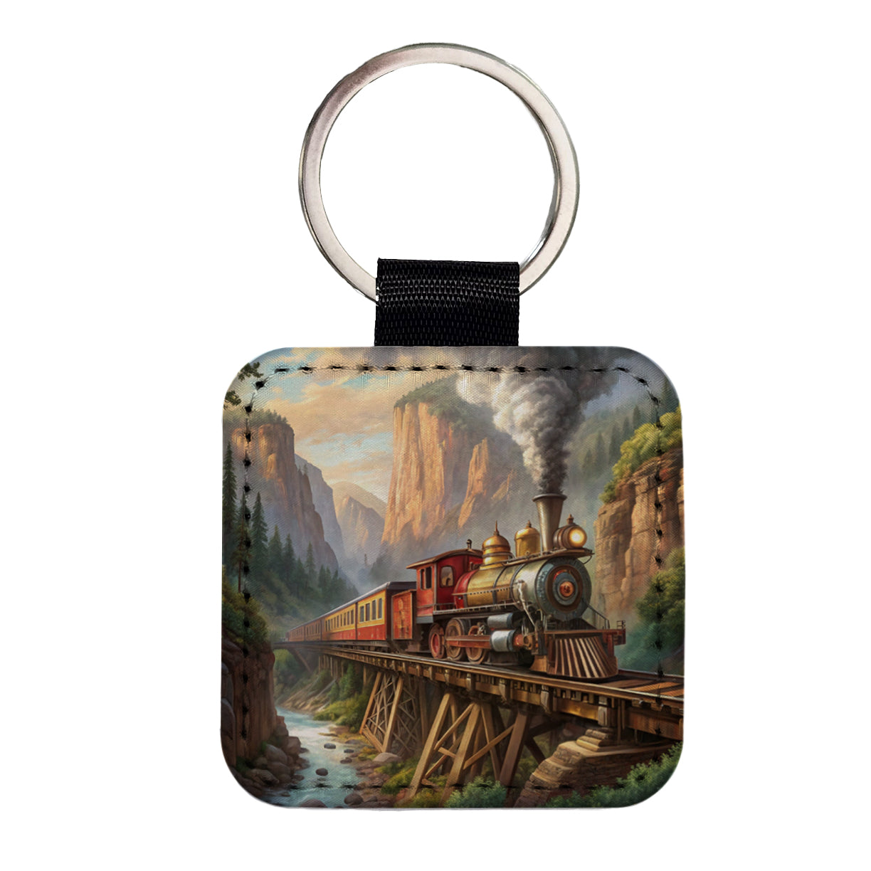 Steam Locomotive Crossing Gorge Old West Western Square Faux Leather Keychain