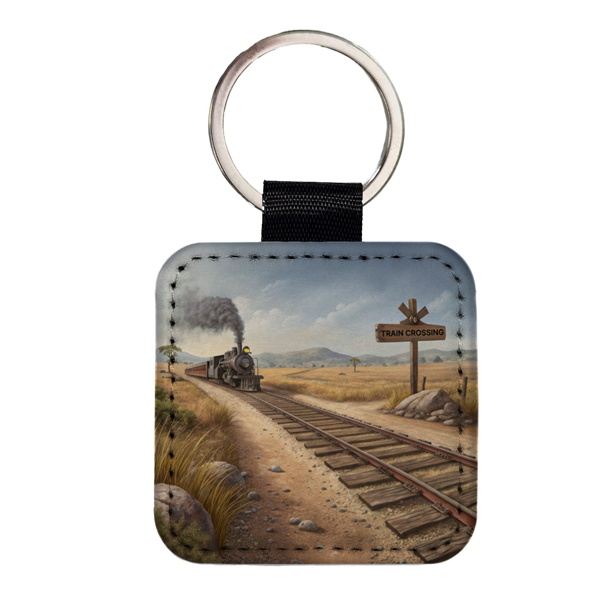 Steam Locomotive Train Crossing Old West Western Square Faux Leather Keychain