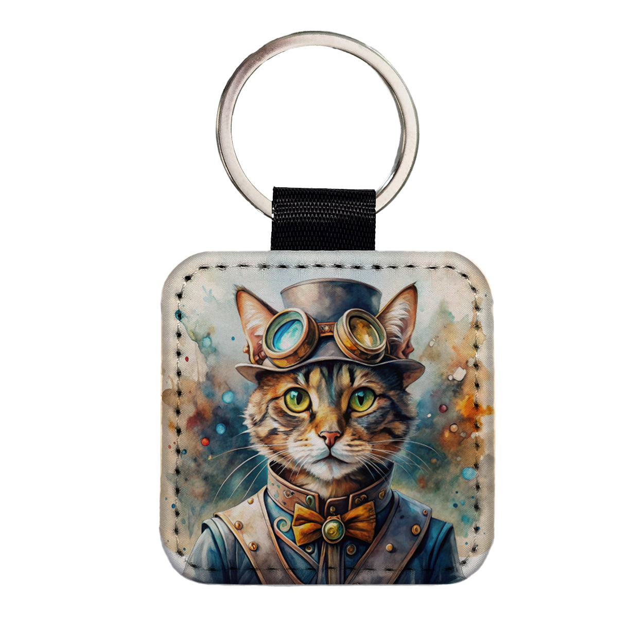 Steampunk Cat Hat and Goggles Watercolor Square Faux Leather Keychain