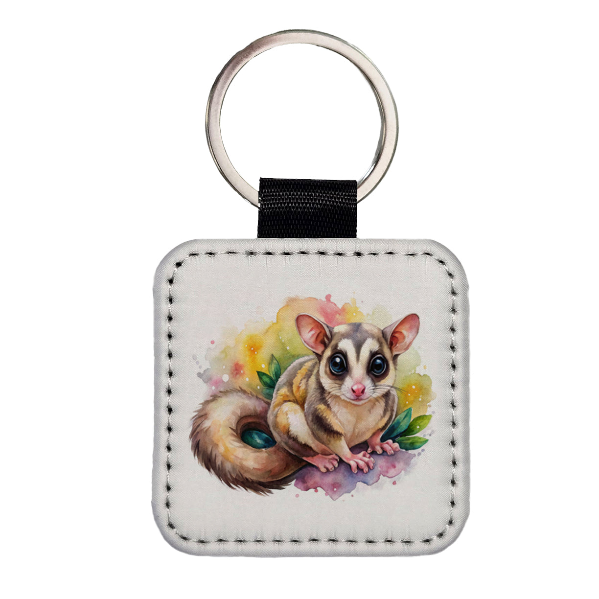 Sugar Glider Watercolor Square Faux Leather Keychain