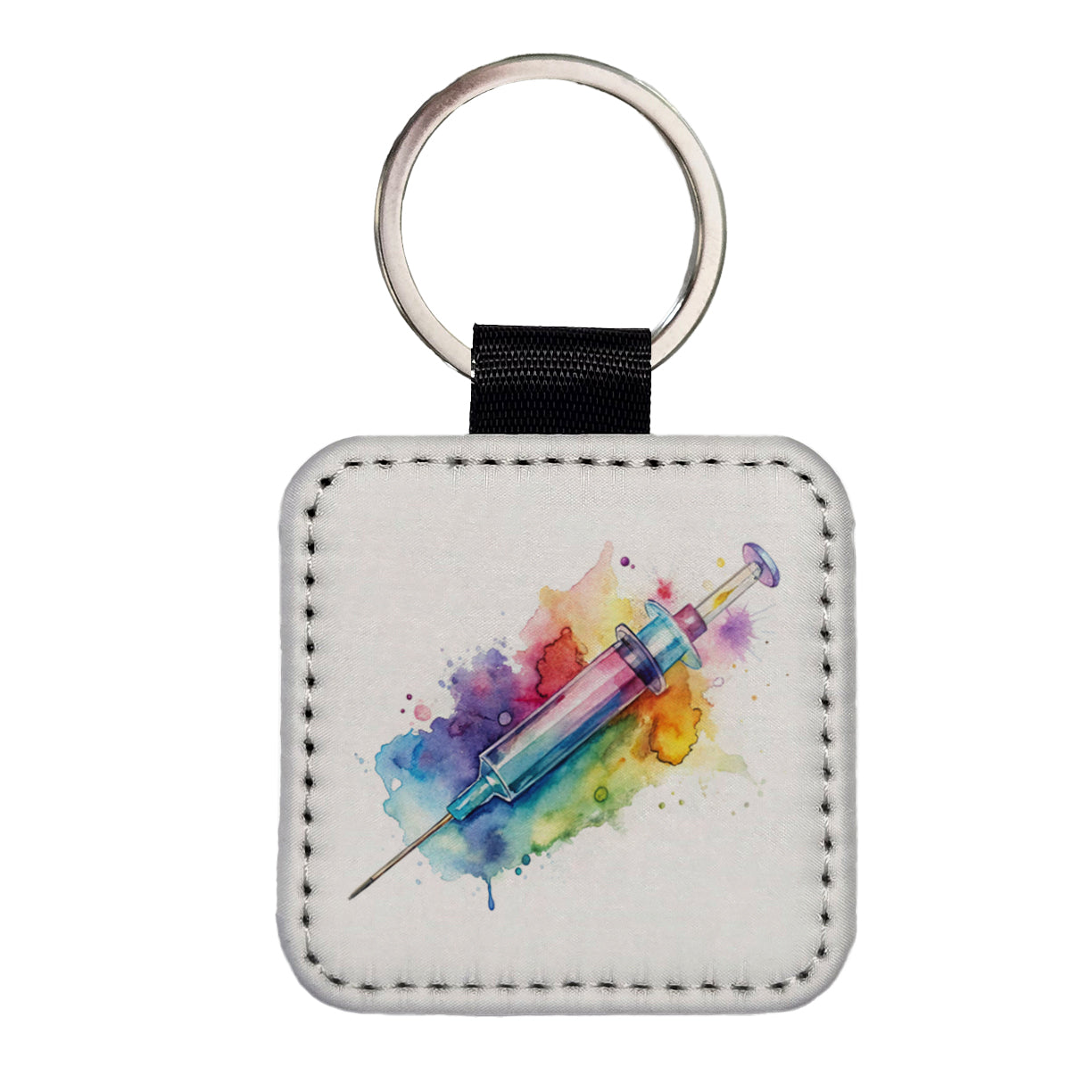 Syringe Shot Medical Vaccine Watercolor Square Faux Leather Keychain