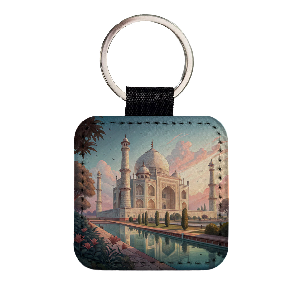 Taj Mahal India Square Faux Leather Keychain