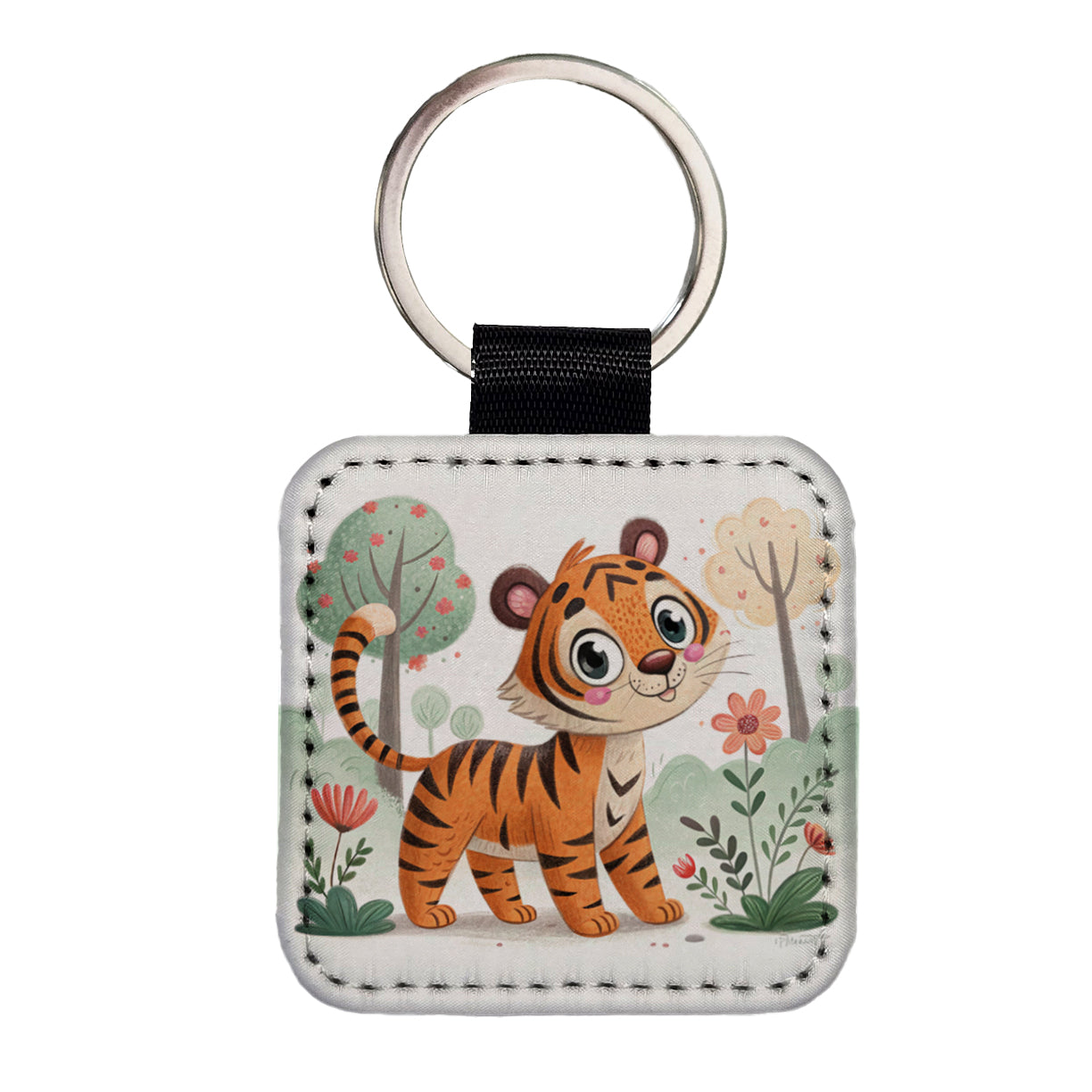 Tiger Children's Illustration Style Square Faux Leather Keychain