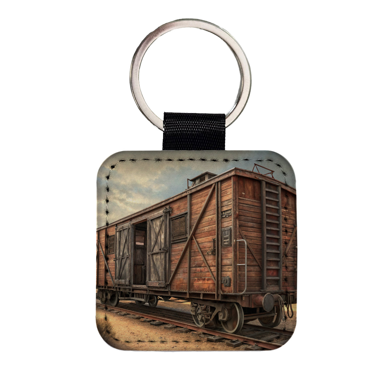 Train Freight Car Old West Western Square Faux Leather Keychain