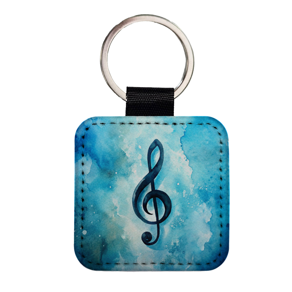Treble Clef Music Musical Note Blue Watercolor Square Faux Leather Keychain