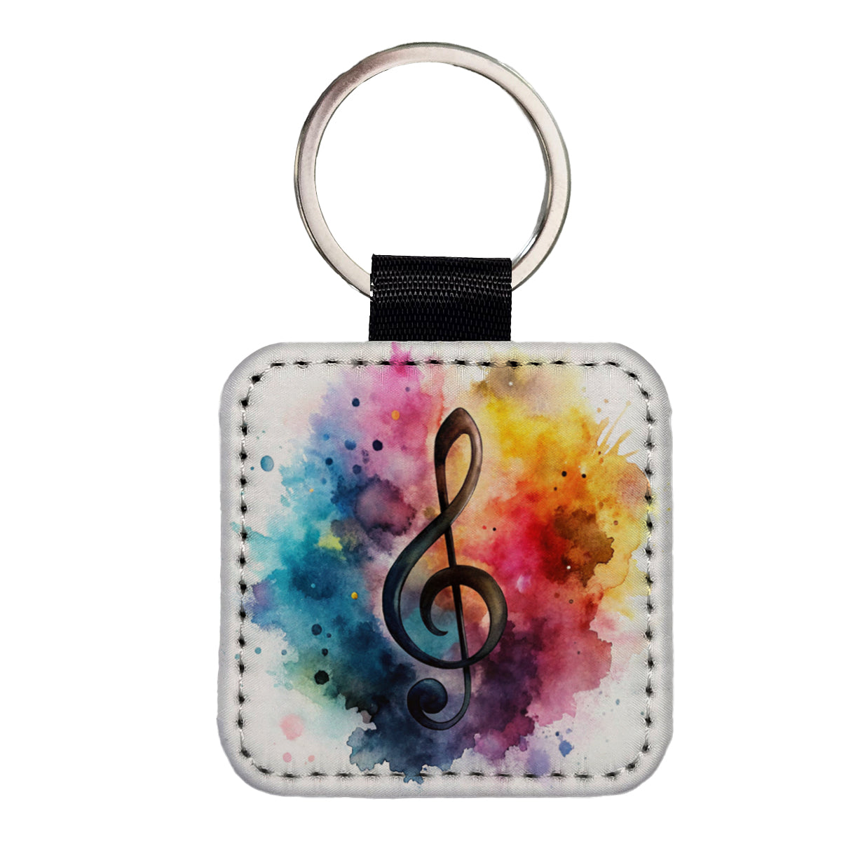 Treble Clef Music Musical Note Colorful Watercolor Square Faux Leather Keychain