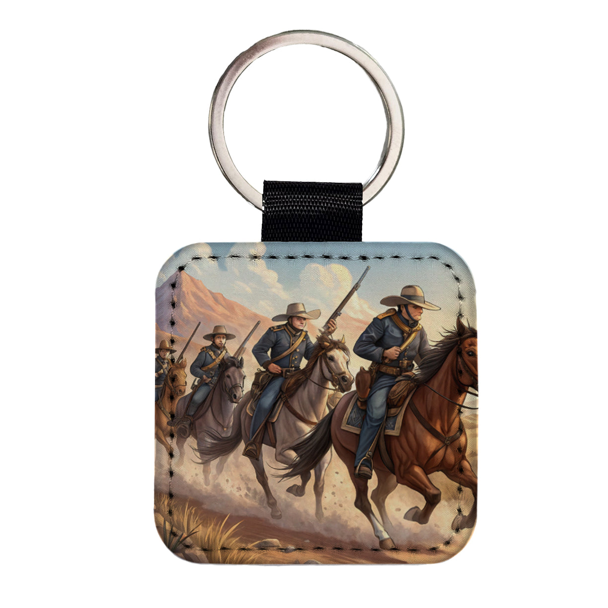US Cavalry Charge Cowboy Western Old West Square Faux Leather Keychain