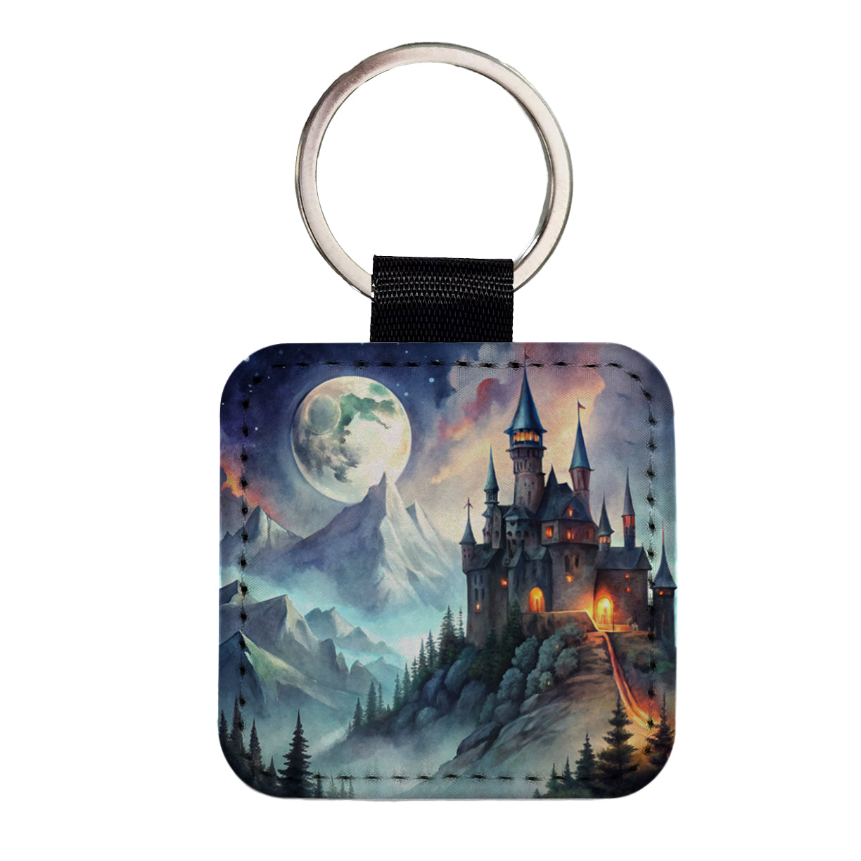 Vampire Castle On Mountain Top Under A Full Moon Square Faux Leather Keychain