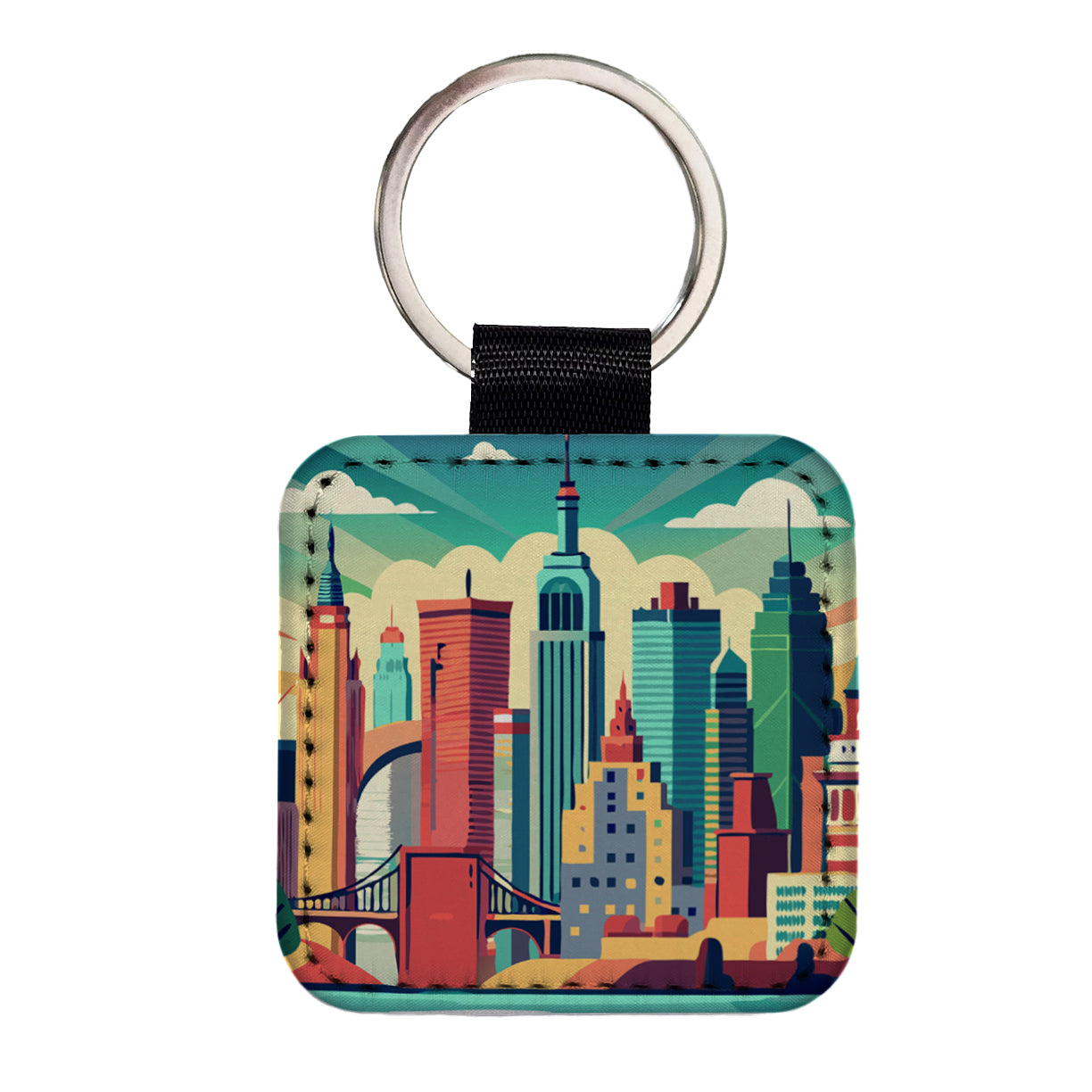 Vibrant Colored New York City Skyline Landscape Square Faux Leather Keychain