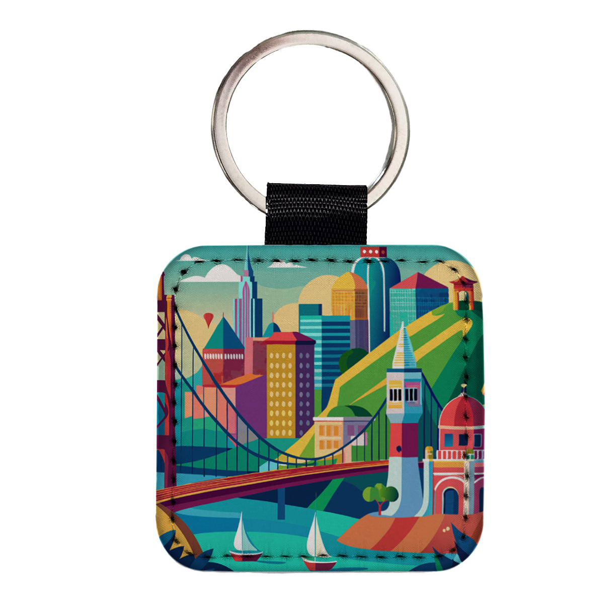 Vibrant Colored San Francisco City California Skyline Landscape Square Faux Leather Keychain