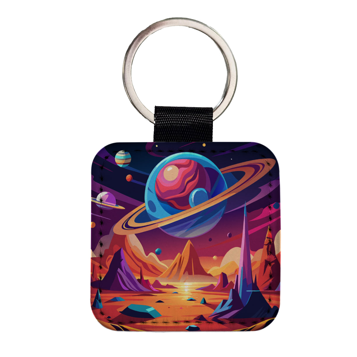 Vibrant Colored Sci-fi Hostile Alien Planet Square Faux Leather Keychain