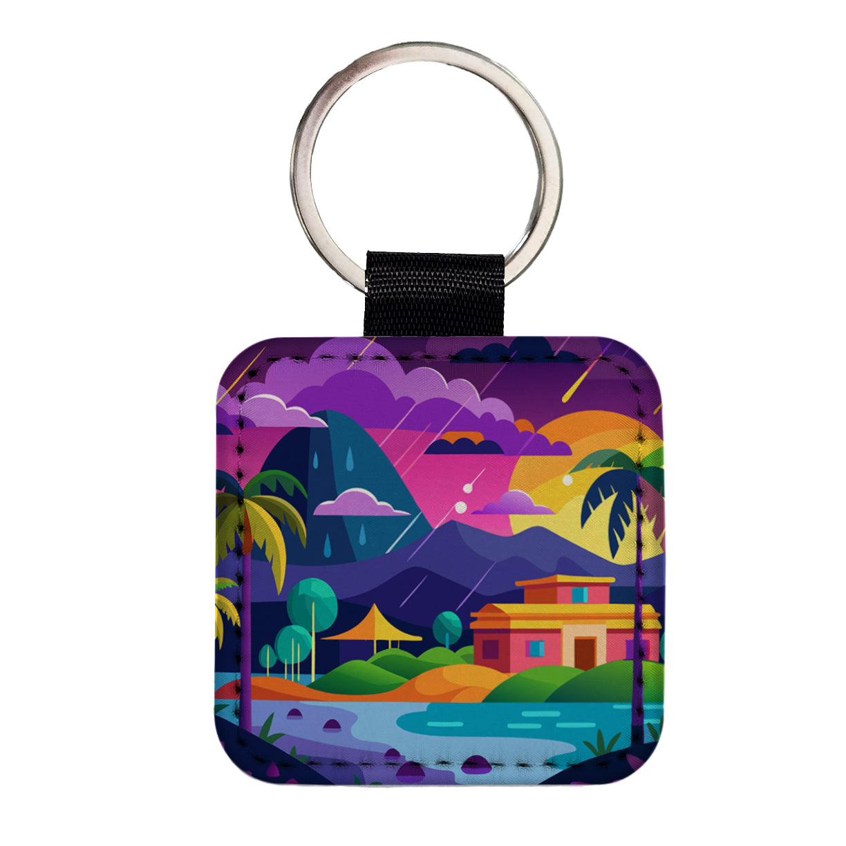 Vibrant Colored Tropical Monsoon Raining Landscape Square Faux Leather Keychain