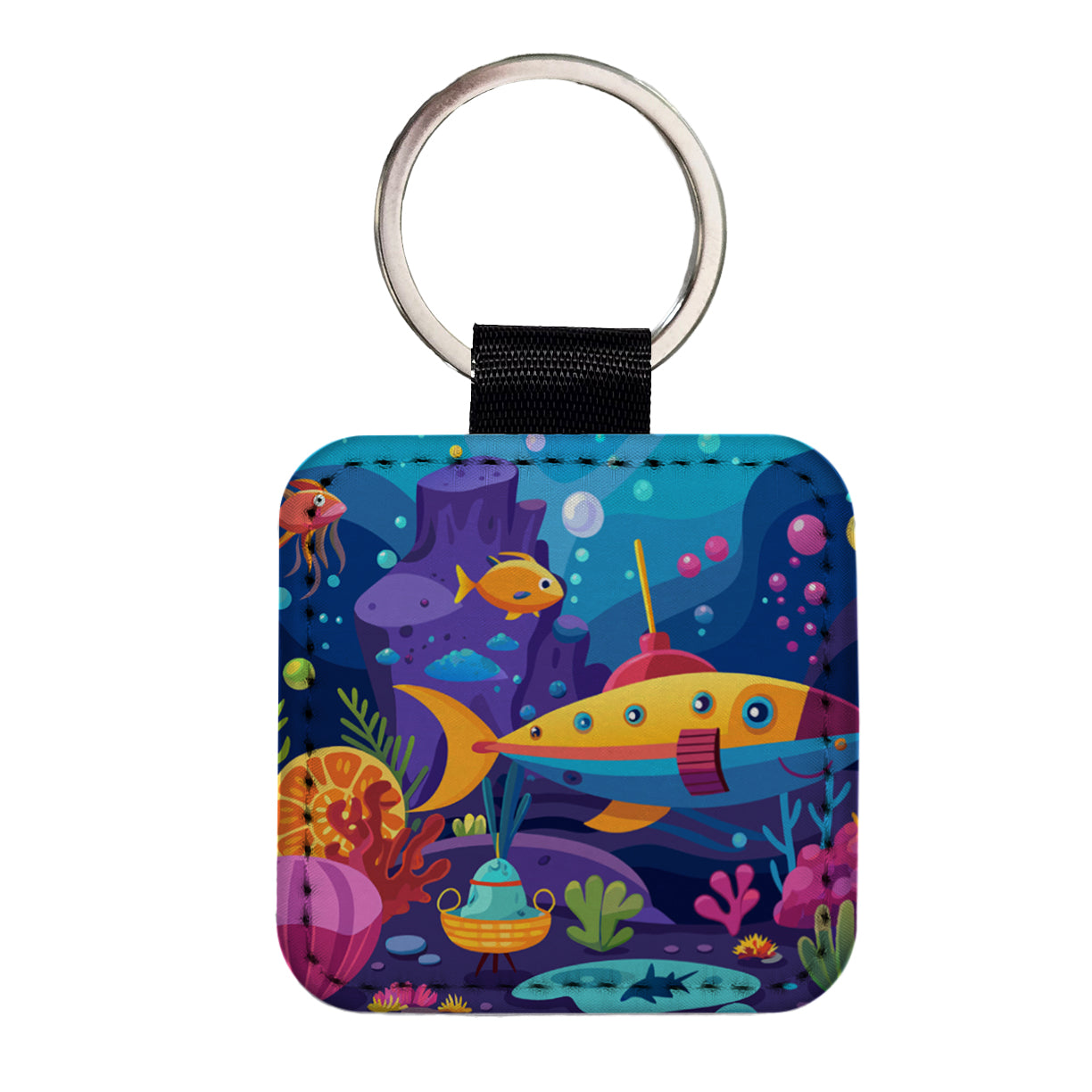 Vibrant Colored Undersea Underwater Ocean Fantasy World Square Faux Leather Keychain